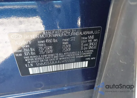 2020 Hyundai Santa Fe Limited 2.0T z USA, uszkodzony, nr VIN 5NMS53AA4LH155500